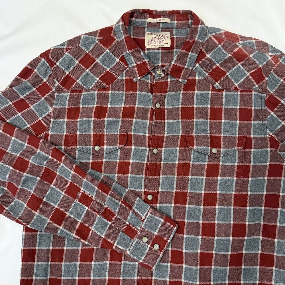 Lucky Brand Western Pearl Snap Red Gray Checkered Button Up Long Sleeve Large